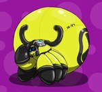 blue_eyes bodysuit clothing glistening_abdomen hyper hyper_abdomen hyper_inflation inflation latex latex_bodysuit latex_clothing latex_skinsuit looking_at_viewer one_eye_closed purple_background simple_background skinsuit text tight_clothing wink winking_at_viewer finalcord ix-37 arachnid arthropod spider 2020 absurd_res character_name hi_res