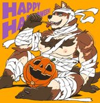 anthro arm_scar bandage bandaged_arm bandaged_chest bandaged_head bandaged_leg body_hair brown_body brown_fur brown_tail candy chest_hair dessert food fruit fur green_eyes holidays licking_lollipop lollipop male muscular muscular_anthro muscular_male nipples plant pumpkin scar simple_background solo tail text kajimaru_0507 halloween polidog_patrol nugg canid canine canis domestic_dog mammal 2023 english_text hi_res