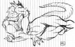 anthro artist_initials breasts fangs female genitals happy horn long_tail lying non-mammal_breasts nude pussy scales seductive snout solo spiked_tail spikes spikes_(anatomy) tail teeth thick_thighs white_eyes wide_hips harpseal mythology slaythedragon hunk_(harpseal) deity dragon lizard mythological_creature mythological_scalie reptile scalie black_and_white hi_res monochrome signature