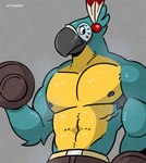 abs anthro armpit_hair beak biceps black_beak black_eyes blue_body body_hair dual_holding exercise holding_dumbbell holding_object male muscular muscular_anthro muscular_male nipples pecs solo steam weightlifting workout tadaoardo breath_of_the_wild nintendo the_legend_of_zelda kass_(tloz) avian bird rito absurd_res hi_res