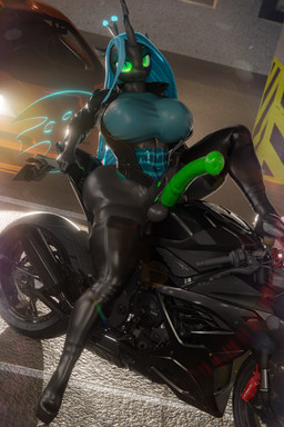 anthro balls big_breasts black_balls black_body black_skin boots breasts butt clothing footwear genitals glistening glistening_balls glistening_body glistening_butt glistening_clothing glistening_face glistening_genitalia glistening_legwear glistening_penis glistening_skin glistening_topwear glowing glowing_eyes green_eyes green_penis gynomorph high_heeled_boots high_heels horn intersex jacket leather leather_clothing leather_jacket leather_topwear legwear penis shoes solo thigh_boots thigh_highs topwear vehicle wings vladichslg friendship_is_magic hasbro my_little_pony queen_chrysalis_(mlp) 2:3 3d_(artwork) absurd_res digital_media_(artwork) hi_res
