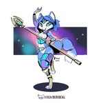 armor blue_eyes blue_hair breasts claws clothing cosmos detailed_background ears_up female fluffy fluffy_tail fur fur_markings gem gloves hair handwear happy letters markings on_one_leg paws scepter shadow simple_background solo standing star symbol tail teeth text tongue weapon white_background kiaun derideal nintendo star_fox krystal_(star_fox) canid canine fox mammal 1:1 2023 colored digital_drawing_(artwork) digital_media_(artwork) english_text hi_res shaded signature url