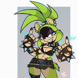 abdominal_tattoo alternative_fashion anthro belt_buckle big_breasts black_lipstick bottomwear bra breasts buckle clothing collar devil_horns_(gesture) female fishnet_clothing gesture green_body hand_gesture hip_tattoo legwear lipstick makeup miniskirt multiple_piercings navel navel_piercing piercing punk punk_hair sharp_teeth skirt solo spiked_collar spikes tattoo teeth thick_thighs thigh_highs thong underwear wide_hips wormcurse idw_publishing sega sonic_the_hedgehog_(comics) sonic_the_hedgehog_(idw) sonic_the_hedgehog_(series) surge_the_tenrec afrosoricid mammal tenrec tenrec_humanoid 1:1 hi_res