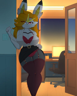 anthro anthrofied belt belt_buckle big_breasts black_bottomwear black_clothing black_skirt bottomwear bra breasts buckle chair cleavage clothed clothing clothing_lift collared_shirt computer_keyboard desk door dress_shirt dusk electronics female flashing flashing_panties furniture garter_straps hair legwear lingerie lingerie_panties long_hair monitor office office_chair office_clothing office_lady open_clothing open_door open_shirt open_topwear orange_hair panties pencil_skirt pokemorph red_bra red_clothing red_eyes red_legwear red_lingerie red_panties red_stockings red_underwear shirt skirt skirt_lift solo stockings table thick_thighs thigh_highs topwear underwear white_clothing white_shirt white_topwear wide_hipped_anthro wide_hipped_female wide_hips awintermoose nintendo pokemon danya_(anewkindofcreature) cinderace generation_8_pokemon pokemon_(species) 4:5 absurd_res hi_res