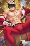 5_fingers abs belt black_hair blue_eyes bottomwear bulge candy candy_cane christmas_tree clothing dessert fingers food hair heterochromia holidays human_and_animal_ears male multi_ear muscular muscular_humanoid muscular_male pants pecs plant red_bottomwear red_clothing red_pants solo tail tree nemuimori christmas animal_humanoid cat_humanoid felid felid_humanoid feline feline_humanoid humanoid mammal mammal_humanoid tailed_humanoid hi_res