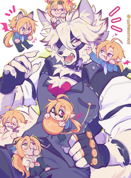anthro blonde_hair blush butler chibi chuby clothing fingerless_gloves fur gloves group hair handwear heterochromia male necktie open_mouth red_eyes shirt tail topwear tuft vest white_body white_fur white_hair catosauruus mihoyo zenless_zone_zero hugo_vlad von_lycaon canid canine canis humanoid mammal thiren wolf 2025 absurd_res hi_res