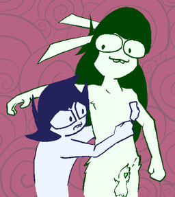 abstract_background animal_genitalia animal_penis anthro ball_tuft blue_hair buckteeth canine_genitalia canine_penis closed_smile duo eyewear fur genitals glasses green_body green_fur green_hair gynomorph hair intersex male mouth_closed penis penis_tip round_glasses sheath_tuft smile teeth tuft white_body white_skin alyfia homestuck ms_paint_adventures jade_harley john_egbert animal_humanoid canid canid_humanoid canine canine_humanoid dog_humanoid humanoid mammal mammal_humanoid portrait three-quarter_portrait