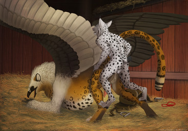 anal anal_penetration anthro anthro_on_feral anthro_penetrating anthro_penetrating_feral ass_up backsack balls barn beak bestiality biped bodily_fluids butt countershading cum cum_inside cum_on_butt cum_while_penetrated cumshot digitigrade duo ejaculation erection eyes_closed feathered_wings feathers feral feral_penetrated from_behind_position genital_fluids genitals half-erect hands-free hay interspecies larger_feral larger_male larger_penetrated larger_sub leaking_cum leaning leaning_forward leg_grab looking_pleasured male male/male male_on_bottom male_on_feral male_on_top male_penetrated male_penetrating male_penetrating_male mount mount/rider_relations nude on_bottom on_top open_mouth orgasm penetration penis quadruped saddle sex size_difference smaller_anthro smaller_male spots submissive tail tongue wings lunalei mythology fystilago synx_(synxthelynx) accipitrid accipitriform avian bearded_vulture bird felid feline gryphon jaguar lynx mammal mythological_avian mythological_creature old_world_vulture pantherine vulture 2013