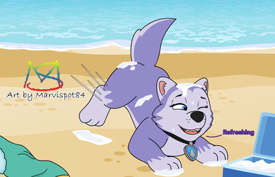 beach blue_eyes collar cooler cooling_off female feral running snow solo text young young_feral marvispot84 nickelodeon paw_patrol everest_(paw_patrol) canid canine canis domestic_dog husky mammal nordic_sled_dog siberian_husky spitz english_text hi_res