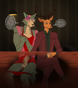 anthro anthro_on_anthro antlers balls blush bottomwear claws clothed clothed_sex clothing crossdressing crossed_legs dialogue dress duo erection genitals green_clothing green_shirt green_topwear handjob horn humanoid_genitalia humanoid_penis jacket male male/male necktie panties panties_down pants partially_clothed penile penis penis_grab public public_sex purple_clothing purple_jacket purple_topwear red_clothing red_dress sex shirt sitting speech_bubble stealth_sex suit text topwear under_table underwear underwear_down spicedpopsicle beastars legoshi_(beastars) louis_(beastars) canid canine canis cervine deer mammal red_deer wolf 2021 english_text hi_res