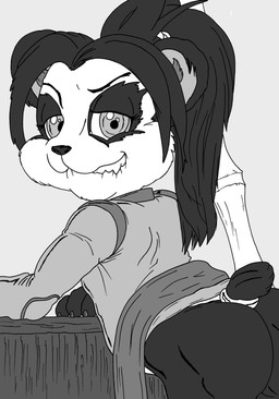 4_fingers accessory anthro belt bite biting_lip black_body black_fur black_hair black_nose butt clothing countershade_face countershading female fingers fur furgonomics grey_background hair hair_accessory hair_ring jewelry leaning leaning_forward looking_at_viewer looking_back looking_back_at_viewer pantsless_female ponytail rear_view ring shirt simple_background smile solo staff tail tail_accessory tail_jewelry tail_ring teeth topwear wood young young_anthro young_female derracias-35 blizzard_entertainment warcraft li_li_stormstout bear mammal pandaren 2018 absurd_res digital_drawing_(artwork) digital_media_(artwork) hi_res line_art monochrome