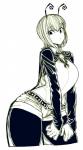 antennae_(anatomy) belt black_clothing black_legwear bottomwear breasts capelet clothed clothing female hair legwear shirt short_hair shorts solo tights topwear wide_hips space_zin touhou wriggle_nightbug animal_humanoid arthropod arthropod_humanoid humanoid insect insect_humanoid greyscale monochrome