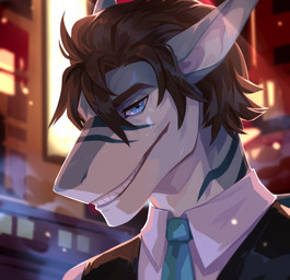 anthro black_clothing black_topwear blue_body blue_eyes blue_necktie brown_hair building clothed clothing glistening glistening_eyes grin hair looking_at_viewer male narrowed_eyes necktie outside sharp_teeth smile solo striped_body stripes teeth topwear unsigned white_body white_clothing white_topwear corzh77 aquatic fish shark absurd_res bust_portrait hi_res portrait