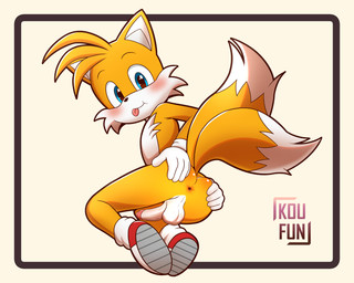2_tails anus backsack balls blush butt erection fluffy fluffy_tail genitals looking_at_viewer looking_back looking_back_at_viewer male multi_tail penis perineum presenting presenting_anus solo spread_butt spreading tail tongue tongue_out white_balls white_perineum young koufun sega sonic_the_hedgehog_(series) miles_prower canid canine fox mammal 5:4 absurd_res hi_res