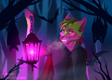 anthro blue_eyes cheek_tuft facial_tuft fangs fog forest fur green_body green_fur green_hair grin hair heterochromia holding_object inner_ear_fluff lamp lantern looking_at_viewer male multicolored_body multicolored_fur multicolored_hair pink_body pink_eyes pink_fur plant purple_hair smile solo teeth tree tuft two_tone_body two_tone_fur two_tone_hair balco bat mammal