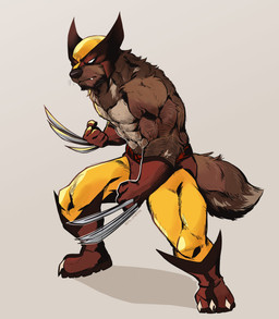 alternate_species anthro black_nose brown_body brown_fur clothing fur furrification male mask muscular muscular_male serious_face solo superhero superhero_costume white_eyes yellow_body yellow_clothing its_stardog marvel x-men wolverine_(marvel) gulonine mammal mustelid musteline wolverine absurd_res hi_res