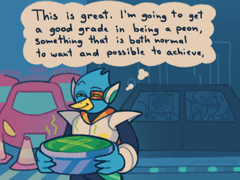 anthro armor beak blue_body blue_feathers car eyebrows facepalm feathers female food group holding_food holding_object humor male narrowed_eyes outside raised_eyebrow scouter smile solo_focus text thinking thought_bubble thoughtful_expression traffic_cone vehicle yellow_beak valdotpng deltarune i'm_going_to_get_a_good_grade undertale_(series) berdly noelle_holiday queen_(deltarune) avian bird darkner deer mammal 2021 english_text meme