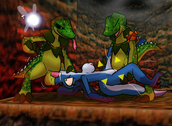 3_toes 4_fingers anthro balls balls_deep big_balls big_penis black_sclera blue_hair blush bodily_fluids breasts brown_claws cape carrying_another cave claws clothing cum cum_drip cum_from_mouth cum_from_vagina cum_in_mouth cum_in_vagina cum_inside cum_on_face curling_toes dominant dominant_anthro dominant_male double_penetration dripping feet fellatio female fingers gameplay_mechanics genital_fluids genitals gloves_(marking) green_balls green_body green_cape green_clothing green_scales green_spots group group_sex hair irrumatio leg_grab leg_markings looking_at_another looking_down male markings medium_breasts motion_lines nipples non-mammal_balls non-mammal_breasts nude oral oral_penetration orange_body orange_scales orgasm penetration penile penis penis_in_mouth pink_nipples pupils questionable_consent scales screencap screencap_background sex shoulder_pads smile smirk socks_(marking) spitroast spots spotted_body spotted_scales submissive submissive_anthro submissive_female sweat sweatdrop thigh_grab throat_grab throat_swabbing thrusting toe_claws toes tongue tongue_out vaginal vaginal_penetration yellow_eyes ultilix nintendo ocarina_of_time the_legend_of_zelda navi ulti_(ultilix) fairy lizalfos lizard reptile scalie 2022