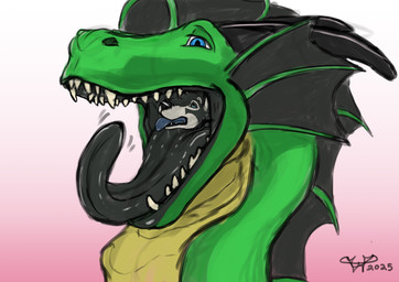 black_horn black_insides black_nose black_tongue blue_eyes blue_tongue feet_first feral feral_focus feral_pred gradient_background green_body green_scales happy horn larger_pred male mount/rider_relations partially_inside scales sharp_teeth simple_background size_difference teeth tongue tongue_out vore yellow_body yellow_scales wolfywetfurr_(artist) mythology akeroh infinite wolfywetfurr alaskan_malamute canid canine canis domestic_dog dragon mammal mythological_creature mythological_scalie nordic_sled_dog scalie spitz wolf hi_res
