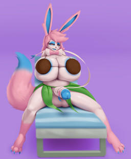 3_toes anthro areola areola_slip balls barefoot beach_chair big_balls big_breasts big_penis biped blue_sclera bodily_fluids bow_tie bra breasts claws clothed clothing coconut_bra dipstick_tail dripping eyelashes eyeshadow feet front_view genital_fluids genitals glans glistening glistening_eyeshadow glistening_genitalia glistening_glans glistening_legs glistening_penis glistening_thighs gynomorph hair huge_breasts humanoid_genitalia humanoid_penis ineffective_clothing intersex leg_markings long_ears looking_at_viewer makeup markings multicolored_body navel open_mouth open_smile paws penis pink_body pink_ears pink_hair pink_tail precum precum_drip purple_background simple_background sitting smile socks_(marking) solo tail tail_markings toe_claws toes underwear white_eyes dibujosv12 nintendo pokemon ribbons_(moron_ribbons) eeveelution generation_6_pokemon pokemon_(species) sylveon 2025 absurd_res digital_drawing_(artwork) digital_media_(artwork) hi_res