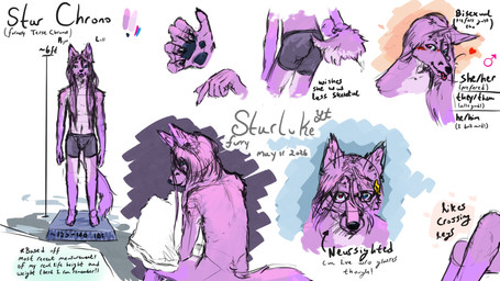anthro clothed clothing eyewear fur glasses hair male pink_body pink_fur pink_hair solo text underwear underwear_only starlithe star_chrono_(starlithe) canid canine fox mammal 16:9 4k absurd_res english_text hi_res model_sheet widescreen