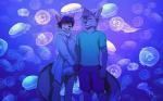 5_fingers anthro blue_hair clothed clothing detailed_background duo female fingers fur grey_body grey_fur hair hand_holding male open_mouth smile standing water akitamonster ambient_jellyfish ambient_sealife canid canine canis cnidarian domestic_dog jellyfish mammal marine medusozoan 2017 digital_media_(artwork) purple_theme