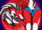 anthro back_boob bent_over bracelet breasts clothed clothing featureless_breasts female hand_on_hip jewelry leaning leaning_forward presenting rear_view red_eyes solo topless underwear pandazar nintendo pokemon generation_7_pokemon lycanroc midnight_lycanroc pokemon_(species)