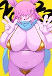 anthro background_text big_breasts bikini blush breasts clothing double_v_sign ears_up female front_view fur gesture gold_bikini hair hand_gesture long_hair micro_bikini open_mouth overweight overweight_female pink_body pink_fur pink_hair simple_background slightly_chubby smile solo standing swimwear two-piece_swimsuit v_sign yellow_background yellow_bikini yellow_clothing yellow_swimwear akitaka golden_week lagomorph leporid mammal rabbit