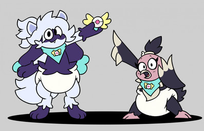 ambiguous_gender anthro black_body black_feathers black_tail black_tail_feathers blue_body blue_fur blue_kerchief blue_neckerchief clean_diaper clothed clothing diaper digitigrade duo eyeliner feathers fur gesture gloves_(marking) grey_background hand_gesture holding_object kerchief leg_markings looking_at_viewer makeup markings multicolored_body multicolored_fur neckerchief neckwear open_mouth pointing simple_background smile snaggle_tooth socks_(marking) standing tail tan_body tan_feathers wearing_diaper white_body white_diaper white_ears white_fur white_tail mrvonfuzzlebutt nintendo pokemon pokemon_mystery_dungeon soyjak spike_chunsoft carrie_(screweverything) winter_(thewinterriolu) generation_4_pokemon generation_5_pokemon pokemon_(species) riolu vullaby hi_res
