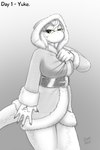 2015 anthro big_breasts breasts christmas christmas_clothing clothing drxii female green_eyes hair hand_tattoo hi_res holidays nushi santa_coat scalie simple_background smile solo tattoo traditional_media_(artwork) undressing yuke_(drxii)