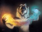 anthro black_sclera blue_fire clothed clothing colored_fire fantasy fire heterochromia magic powers solo topless goldendruid 12 felid lion mammal pantherine 2015