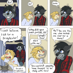 angry anthro argument black_hair blaming blonde_hair blue_eyes bottomwear brown_eyes clothing confusion dialogue duo ears_back eye_contact fangs flannel_shirt fur grey_body grey_fur hair hand_on_head logo looking_at_another looking_away male page_number pants pivoted_ears shadow sharp_teeth sitting_on_window six_frame_image smug snarling speech_bubble teeth text toothy_grin window yellow_body yellow_fur kriek_wildebeest jeremy_(kriek_wildebeest) tom_(kriek_wildebeest) border_collie canid canine canis collie domestic_dog herding_dog husky hybrid mammal nordic_sled_dog pastoral_dog sheepdog spitz wolf 1:1 artist_logo comic english_text hi_res multiple_scenes