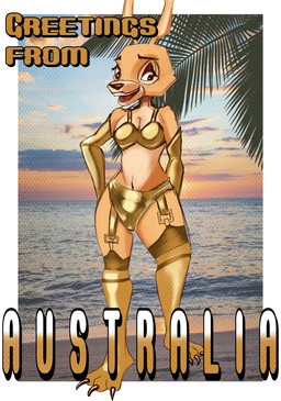 anthro armwear australia beach bikini clothed clothing eyeshadow female garter_belt garter_straps gold_bikini legwear lingerie makeup pose postcard smile solo stockings swimwear two-piece two-piece_swimsuit chipsauce golden_week stephanie_miller_(chipsauce) kangaroo macropod mammal marsupial 2026 absurd_res hi_res pinup