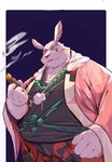 anthro belly big_belly clothed clothing humanoid_hands kemono male mature_male overweight overweight_male scar simple_background solo tengzai05 shangri-la_frontier vysache lagomorph leporid mammal rabbit vorpal_bunny 2023 hi_res