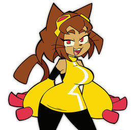 anthro big_breasts breasts brown_body brown_hair clothing eyebrows eyelashes eyewear eyewear_on_head female fingers goggles goggles_on_head hair looking_at_viewer open_mouth open_smile red_eyes smile solo tail thick_thighs topwear whiskers wide_hips yellow_clothing scott_falco gameoverse glitch_productions kit_bodega domestic_cat felid feline felis mammal 2026