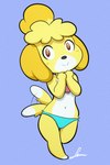 anthro black_nose blonde_hair blue_background blue_bikini_bottom brown_eyes female fur hair looking_at_viewer midriff mile multicolored_body multicolored_fur navel raised_arms simple_background solo tail tail_motion tailwag two_tone_body two_tone_fur white_body white_fur yellow_body yellow_fur nerdoodlen animal_crossing nintendo isabelle_(animal_crossing) canid canine canis domestic_dog mammal shih_tzu toy_dog 2020 2:3 digital_drawing_(artwork) digital_media_(artwork) signature