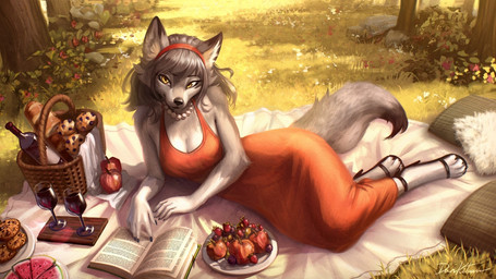 alcohol anthro apple baguette basket bedding beverage black_nails blanket book bread breasts clothed clothed_female clothing colored_nails container cookie cup dress drinking_glass female female_anthro flower food footwear fruit fur glass glass_container glass_cup grass grey_body grey_fur grey_hair grey_tail hair high_heels jewelry looking_at_viewer lying mature_female nails necklace on_side picnic picnic_basket pillow plant reading reading_book red_clothing red_dress red_hairband shoes smile smiling_at_viewer solo strawberry tail wine wine_bottle wine_glass yellow_eyes dankitsune canid canine canis mammal wolf 16:9 2024 painting_(artwork) signature widescreen