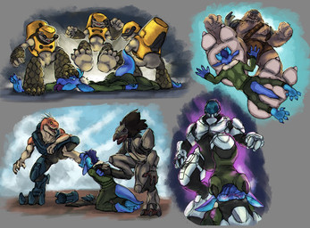 anthro anthro_on_anthro blep blush bodily_fluids bulge digitigrade duo feet foot_fetish foot_in_mouth foot_on_head full_armor group interspecies kneeling male male/male questionable_consent size_difference tears tongue tongue_out trio xenophilia zero.one halo_(series) microsoft xbox_game_studios alien avian ibie'shan jiralhanae kig-yar kobold mammal primate reptile sangheili scalie t'vaoan unggoy hi_res