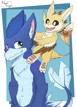 4_ears 4_fingers 4_toes anthro beak black_sclera blue_body blue_feathers carrying_another duo feathers feet fingers gesture green_eyes hand_gesture male multi_ear on_shoulder open_mouth pointing smile teeth toes tongue white_body white_eyes white_feathers yellow_body yellow_feathers young young_anthro vensicle avali avian hybrid 2020 absurd_res digital_media_(artwork) hi_res