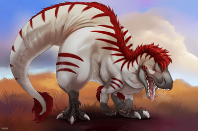 ambiguous_feral ambiguous_gender big_butt biped bodily_fluids butt claws cloud eyes_closed feral grass huge_butt mane open_mouth outside plant red_mane red_tongue saliva saliva_string sky solo striped_legs striped_neck tail tail_tuft tongue tongue_out tuft white_body white_claws roobin dinosaur dromaeosaurid prehistoric_species reptile scalie theropod hi_res