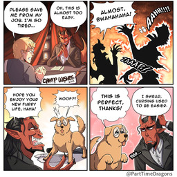 annoyed beard blonde_hair brown_body brown_fur dialogue duo eyewear facial_hair feral fur glasses hair horn human_to_feral humanoid_pointy_ears inside male paper pointy_ears round_glasses secretly_loves_it smile species_transformation surprised tail talking_feral text tongue tongue_out transformation parttimedragons canid canine canis demon demon_humanoid domestic_dog human humanoid mammal 1:1 2026 comic digital_media_(artwork) english_text hi_res
