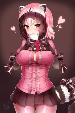 5_fingers accessory alternate_color alternative_fashion armwear big_breasts biped black_background black_clothing black_hair blush bottomwear bow_(feature) bow_accessory bow_ribbon breasts butt butt_from_the_front cleavage clothed clothing elbow_gloves female fingers front_view furgonomics gift gloves hair handwear heart_eyes heart_symbol holding_object humanoid_hands j-fashion japanese jirai_kei legwear light_body light_skin long_tail looking_at_viewer markings multicolored_hair offering_to_viewer pink_clothing pink_eyes pink_hair pleated_skirt ribbons ring_(marking) ringed_tail scarf short_hair shy simple_background skirt smile solo standing striped_markings striped_tail stripes tail tail_accessory tail_bow tail_markings tail_ribbon tan_body tan_skin tights translucent translucent_clothing two_tone_hair doyouwantto kemono_friends arai-san animal_humanoid humanoid mammal mammal_humanoid procyonid procyonid_humanoid raccoon_humanoid 2018 digital_drawing_(artwork) digital_media_(artwork) hi_res pink_theme portrait three-quarter_portrait