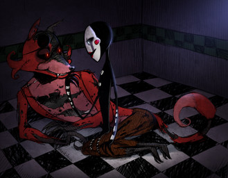 anthro duo eye_patch eyewear glowing glowing_eyes machine male male_anthro puppet wall_(structure) foxtragic five_nights_at_freddy's five_nights_at_freddy's_2 scottgames foxy_(fnaf) marionette_(fnaf) animatronic canid canine fox humanoid mammal robot 2016 colored digital_drawing_(artwork) digital_media_(artwork)