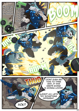 anthro balls bomb bruised butt claws clothed clothing dialogue evade explosion explosives fight genitals gloves handwear latex male mask muscular muscular_male nipples penis ripped_suit skimpy solo spandex superhero supersuit tail text thud tight_clothing white_clothing white_gloves white_handwear samaraka cobalt_beast canid canine canis mammal wolf absurd_res comic english_text hi_res
