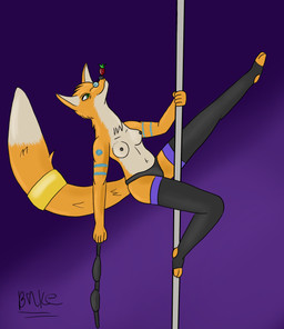 accessory anthro balancing_object bra breasts clothing dancing dipstick_tail exposed_breasts eyewear female focusing food fruit fur furgonomics glasses green_eyes holding_bra holding_clothing holding_object holding_pole holding_underwear jewelry legwear looking_at_object magic_user markings orange_body orange_fur panties plant pole pole_dancing purple_background simple_background solo stockings strawberry striptease tail tail_accessory tail_jewelry tail_markings underwear bake_a_snake canid canine fox mammal absurd_res hi_res