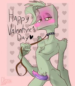 blush bodily_fluids collar erection genital_fluids green_body half-closed_eyes heart_symbol leash leash_pull looking_at_viewer male narrowed_eyes not_furry precum skinny solo spiked_collar spikes deuzion endertwinks_(species) humanoid unknown_species 2017 hi_res