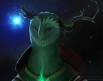 alien ambiguous_gender anthro avian bird broken_horn bust_portrait clothing english_text feathers green_flames horn looking_aside nambroth night outer_wilds owl portrait pursuers_(outer_wilds) robe solo star text the_prisoner_(outer_wilds) url watermark