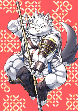 anthro armor asian_clothing belly blush clothing east_asian_clothing fur haori japanese_clothing male melee_weapon muscular_legs overweight polearm pupils slit_pupils smile solo spear weapon white_body white_fur asakura_kento tamacolle chikuzen_(tamacolle) hi_res