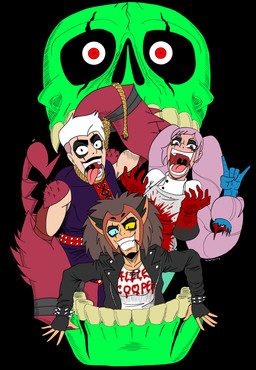 alternative_fashion apron black_background bloody_gloves bracelet brown_hair clothing coat corset costume covered_in_blood devil_horns_(gesture) ears_up female gesture green_body green_bone green_skin group hair hand_gesture heterochromatic_scleras holidays jewelry lab_coat lingerie logo looking_at_viewer makeup noose open_mouth pink_tongue punk punk_hair purple_eyes purple_hair red_body red_corset red_eyes red_scales scales scorpion_claws sharp_teeth simple_background spiked_bracelet spikes stinger stinger_tail tail teeth tongue tongue_out topwear trio twintails_(hairstyle) white_hair thebestcomicking alice_cooper halloween masters_of_the_universe mattel netflix she-ra_(copyright) she-ra_and_the_princesses_of_power catra_(she-ra) entrapta_(she-ra) scorpia_(she-ra) animal_humanoid arachnid arachnid_humanoid arthropod arthropod_humanoid human humanoid mammal scorpion_humanoid 2019 absurd_res digital_drawing_(artwork) digital_media_(artwork) english_description hi_res signature