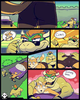 anthro bulge butt camera car_wash clothed clothing dialogue eyewear male male/male open_mouth smile speech_bubble speedo sunglasses swimwear text topless underwear vehicle video_camera elfein mario_bros nintendo star_fox bowser fox_mccloud canid canine fox koopa mammal scalie absurd_res comic english_text hi_res